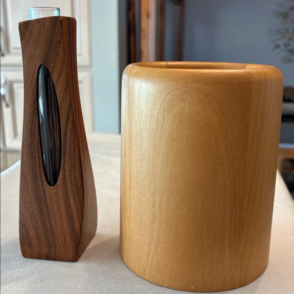 Elegant Wood Vases/Holder Set /2 Different Wood Vases Glass Insert Tube for bud